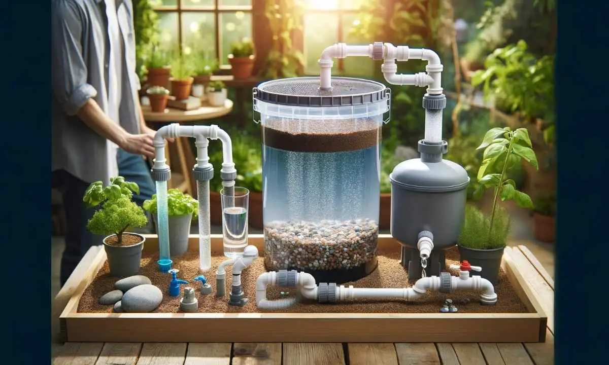 An eco-friendly DIY grey water filtration system set up for garden use. The scene shows a clear container filled with grey water connected to pipes leading to a gravel and sand filter. A person is adjusting a diverter valve, ensuring the system operates smoothly. Small pumps and a hose direct filtered water to a thriving garden in the background, filled with healthy green plants. The atmosphere is bright and natural, with soft sunlight highlighting the sustainable gardening setup and emphasizing environmental conservation