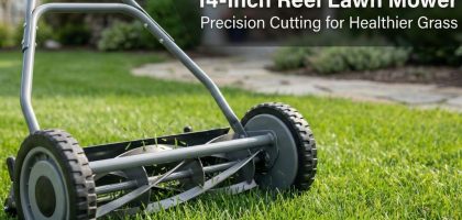 14-inch manual reel lawn mower in action on a well-manicured residential lawn.