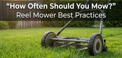a manual reel lawn mower mid-use on a healthy residential lawn, visually communicating regular mowing and consistency rather than heavy cutting.