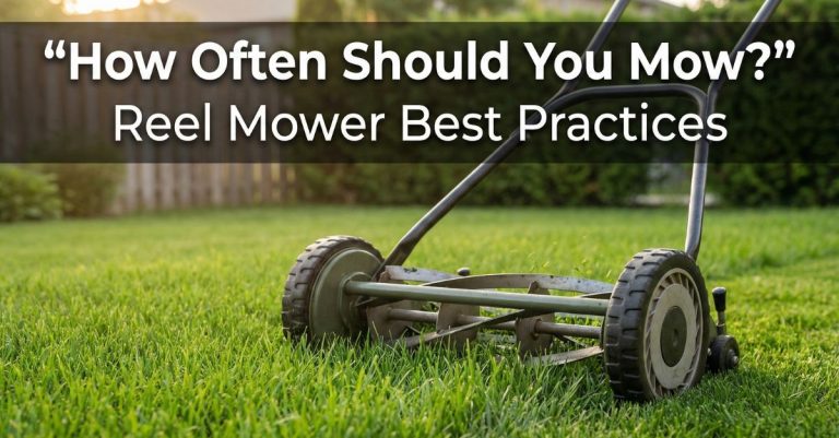 a manual reel lawn mower mid-use on a healthy residential lawn, visually communicating regular mowing and consistency rather than heavy cutting.