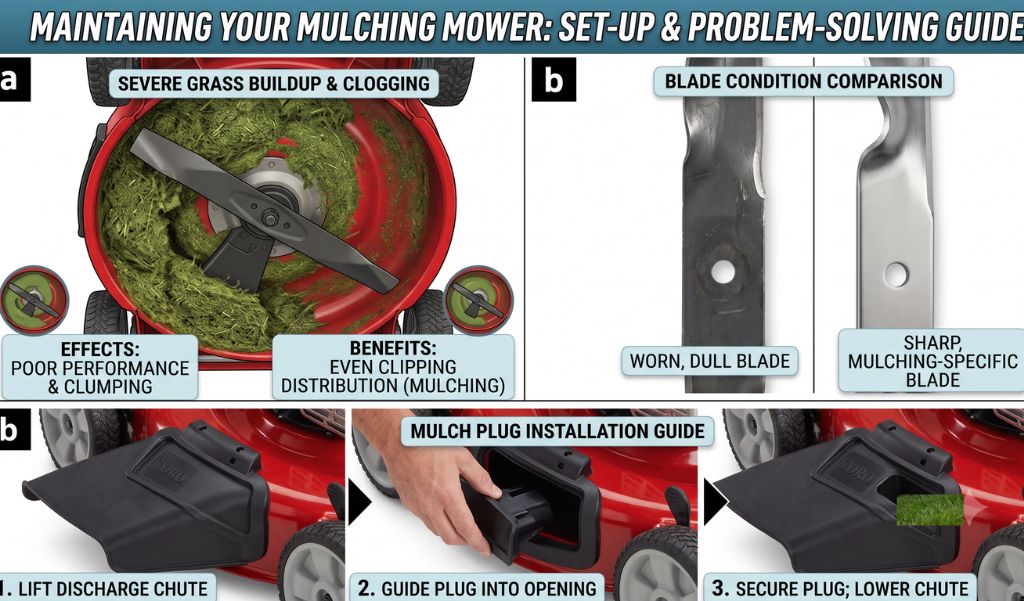 a sharp, photographic side-by-side comparison of a dull, nicked blade versus a brand new, sharp mulching blade, highlighting the importance of blade maintenance.