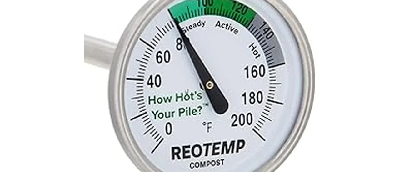 This image shows a collection of compost thermometers for measuring temperature in compost piles.