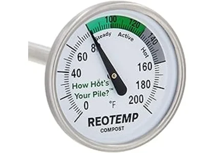 This image shows a collection of compost thermometers for measuring temperature in compost piles.