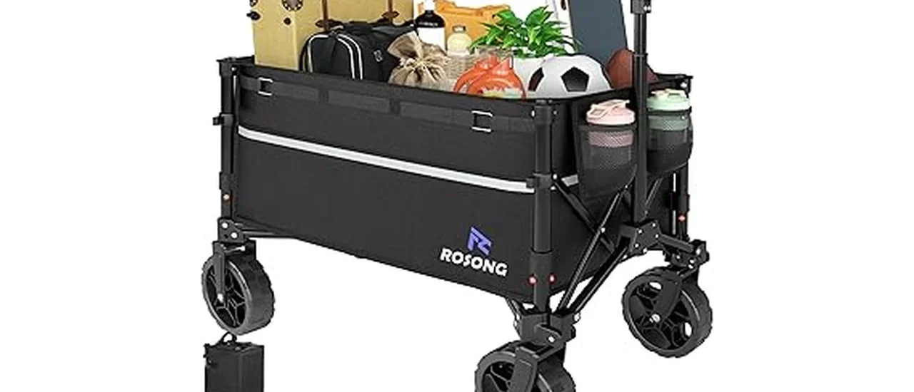 The image shows a versatile folding garden cart with ample space for hauling tools and plants, perfect for any yard.