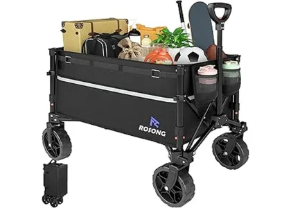 The image shows a versatile folding garden cart with ample space for hauling tools and plants, perfect for any yard.