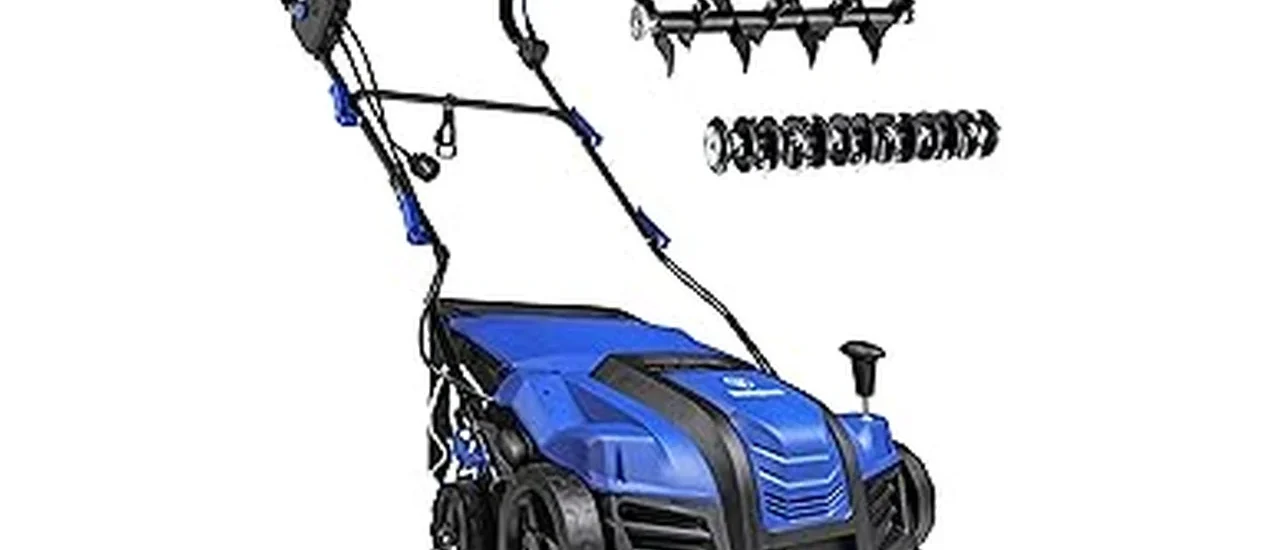The image shows a powerful lawn aerator-dethatcher combo, ideal for yard maintenance.