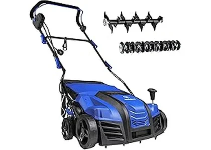 The image shows a powerful lawn aerator-dethatcher combo, ideal for yard maintenance.