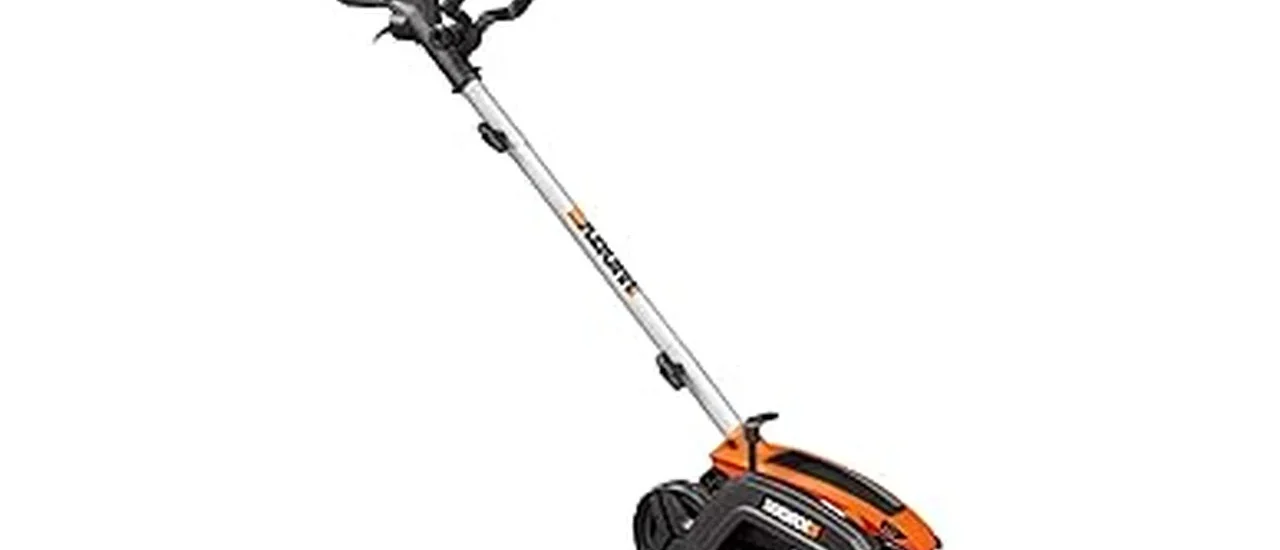 The image shows a person using a powerful electric lawn edger to create a clean border.