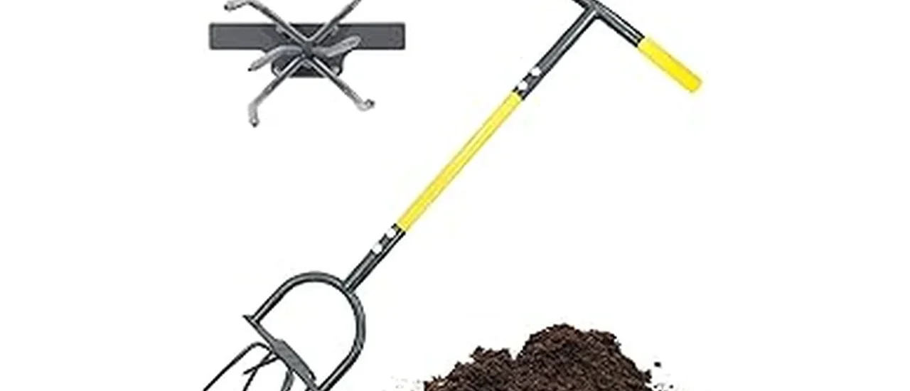 This image shows a garden tiller breaking up heavy clay soil, perfect for the best 7 for clay.