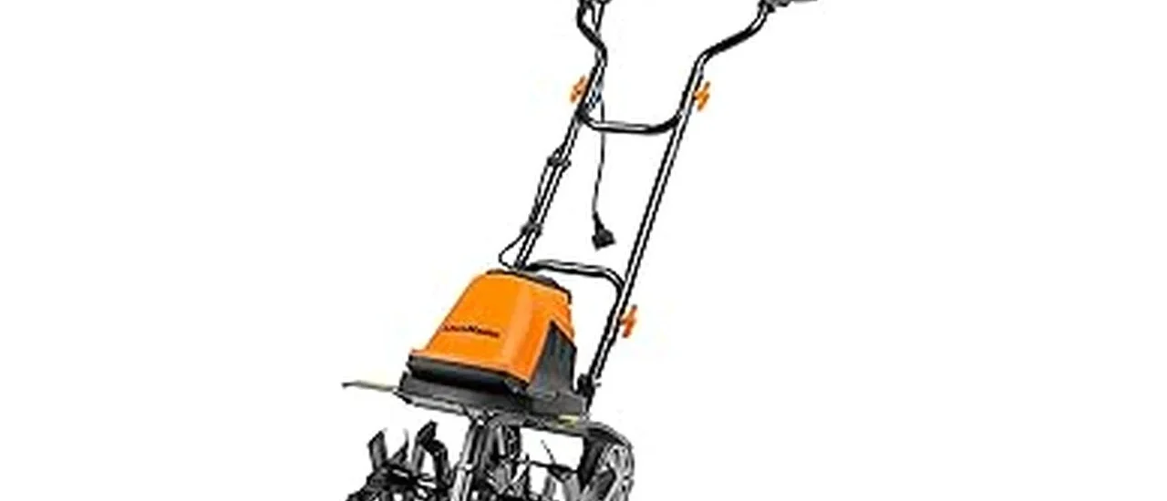 The image shows a powerful rear-tine tiller digging into soil, ideal for breaking new ground.