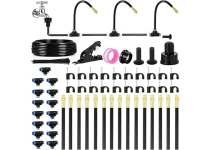 The image shows a variety of sprinklers watering lush flower beds and garden plants.
