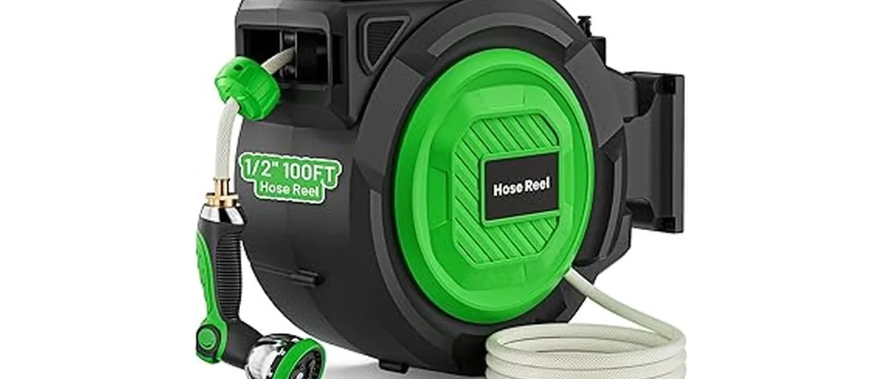 The image shows a selection of the best selling garden hose reels, neatly storing coiled hoses.