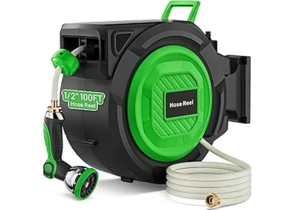 The image shows a selection of the best selling garden hose reels, neatly storing coiled hoses.