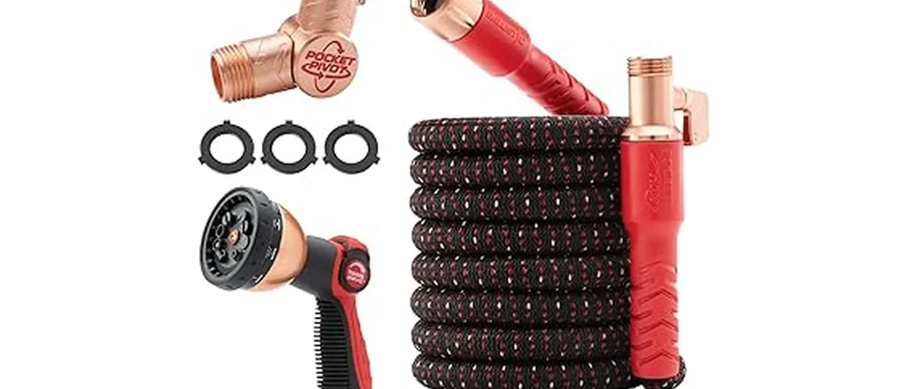 The image shows a compact, lightweight expandable garden hose coiled neatly on a patio.