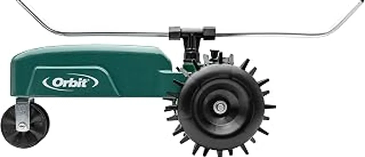 The image shows a variety of popular traveling sprinklers in action, watering lawns effectively.