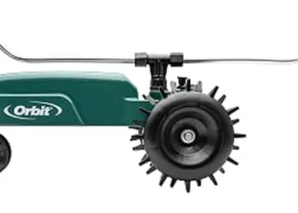 The image shows a variety of popular traveling sprinklers in action, watering lawns effectively.