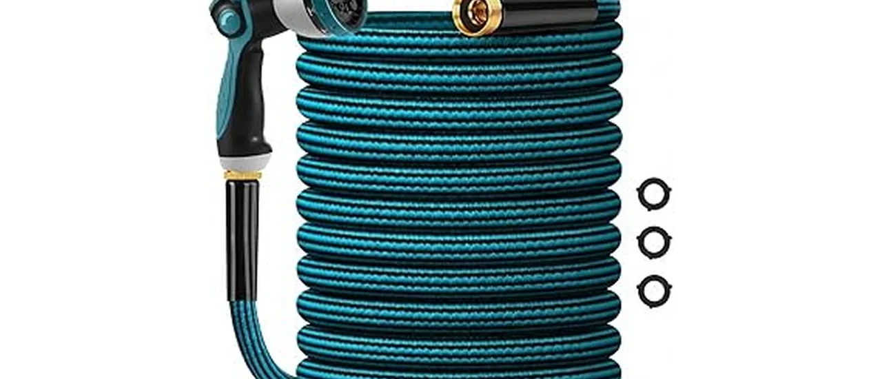 This image shows a collection of seven kink-free garden hoses arranged artistically for display.