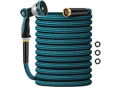This image shows a collection of seven kink-free garden hoses arranged artistically for display.