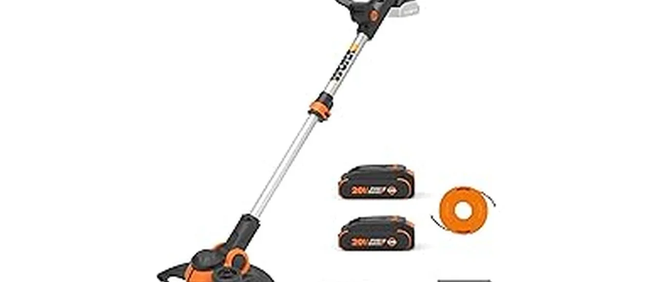 The image shows a person using a lawn edger-trimmer combo tool to create a clean edge.