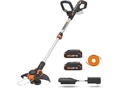 The image shows a person using a lawn edger-trimmer combo tool to create a clean edge.
