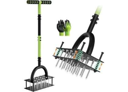 The image shows a variety of manual lawn aerators, perfect for improving soil health.