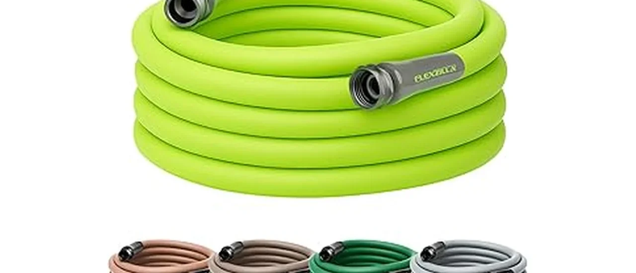 The image shows a collection of durable rubber garden hoses, suitable for any watering task.