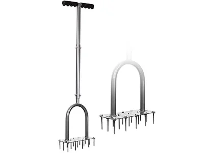 The image shows a person using a spike aerator tool on a green lawn for regular maintenance.