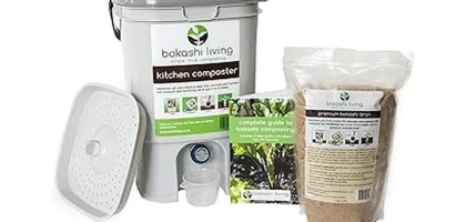 The image shows a selection of top-rated Bokashi bins with their lids and accessories.