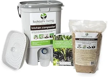 The image shows a selection of top-rated Bokashi bins with their lids and accessories.