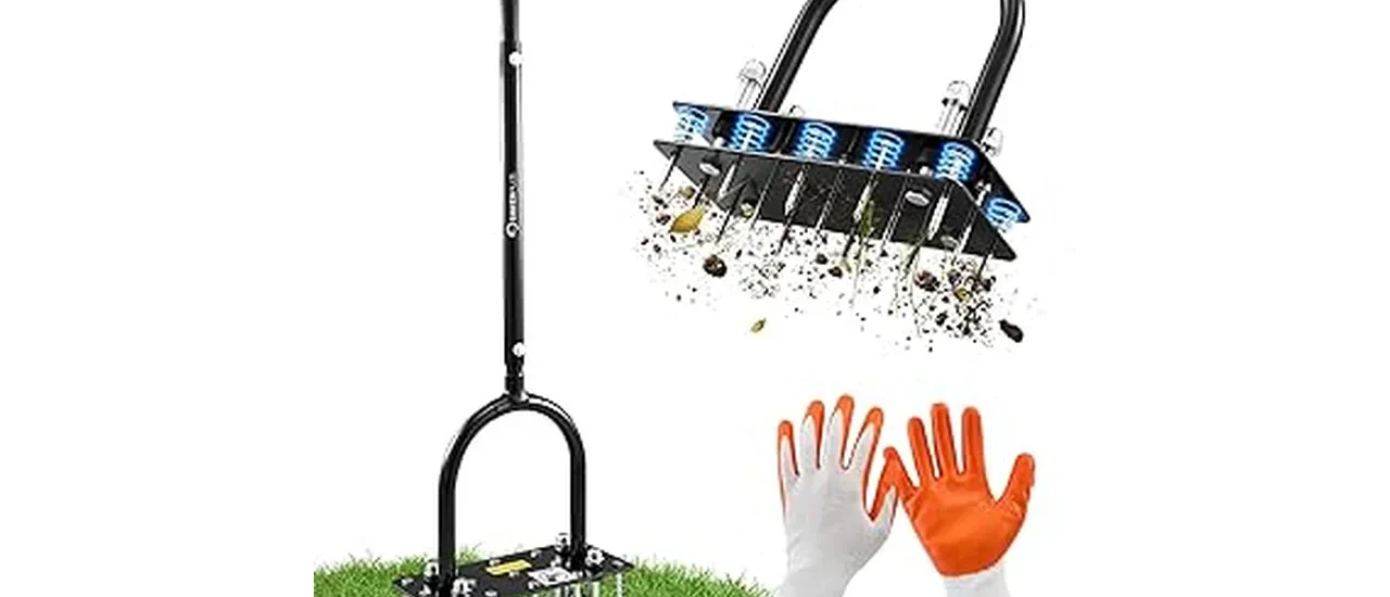 This image shows a person using a lawn aerator tool from the best 17 tool for aerating lawn list.