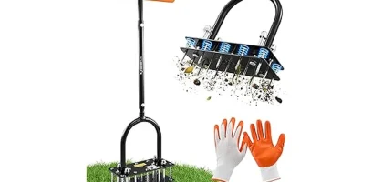This image shows a person using a lawn aerator tool from the best 17 tool for aerating lawn list.
