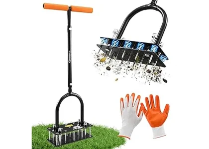 This image shows a person using a lawn aerator tool from the best 17 tool for aerating lawn list.