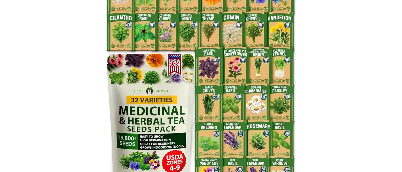 HOME GROWN Herb Seeds 32 Medicinal Herbs and Tea Variety Pack – Annual & Perennial Herb Seeds for Planting Indoors & Outdoor – Non-GMO, Heirloom Seeds, Easy to Grow, High Germination Garden Kit
