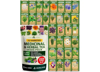 HOME GROWN Herb Seeds 32 Medicinal Herbs and Tea Variety Pack – Annual & Perennial Herb Seeds for Planting Indoors & Outdoor – Non-GMO, Heirloom Seeds, Easy to Grow, High Germination Garden Kit
