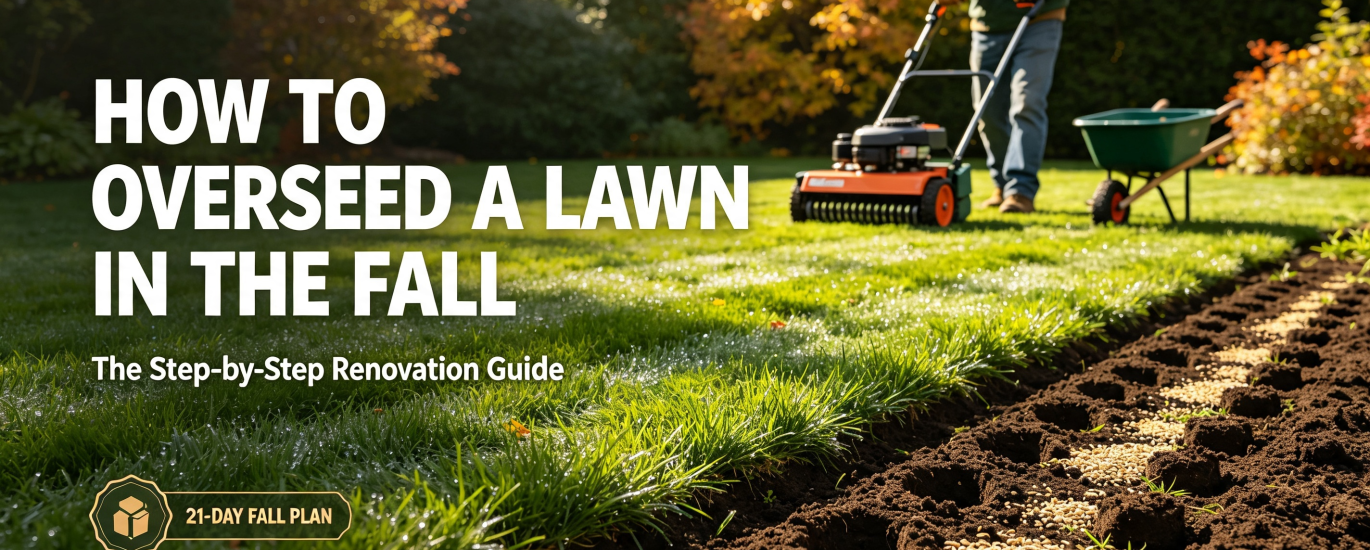 Homeowner overseeding a lawn in fall after core aeration, with fresh seed and soil plugs visible on the grass