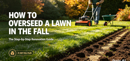 Homeowner overseeding a lawn in fall after core aeration, with fresh seed and soil plugs visible on the grass
