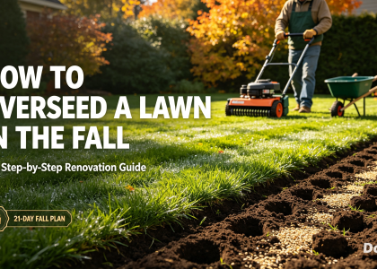 Homeowner overseeding a lawn in fall after core aeration, with fresh seed and soil plugs visible on the grass