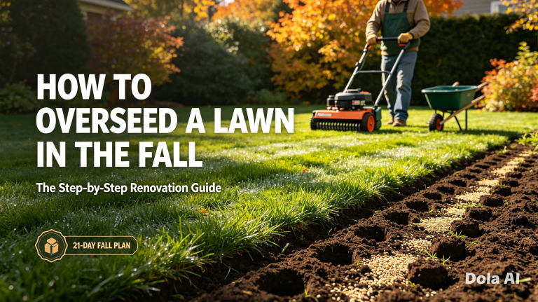 Homeowner overseeding a lawn in fall after core aeration, with fresh seed and soil plugs visible on the grass