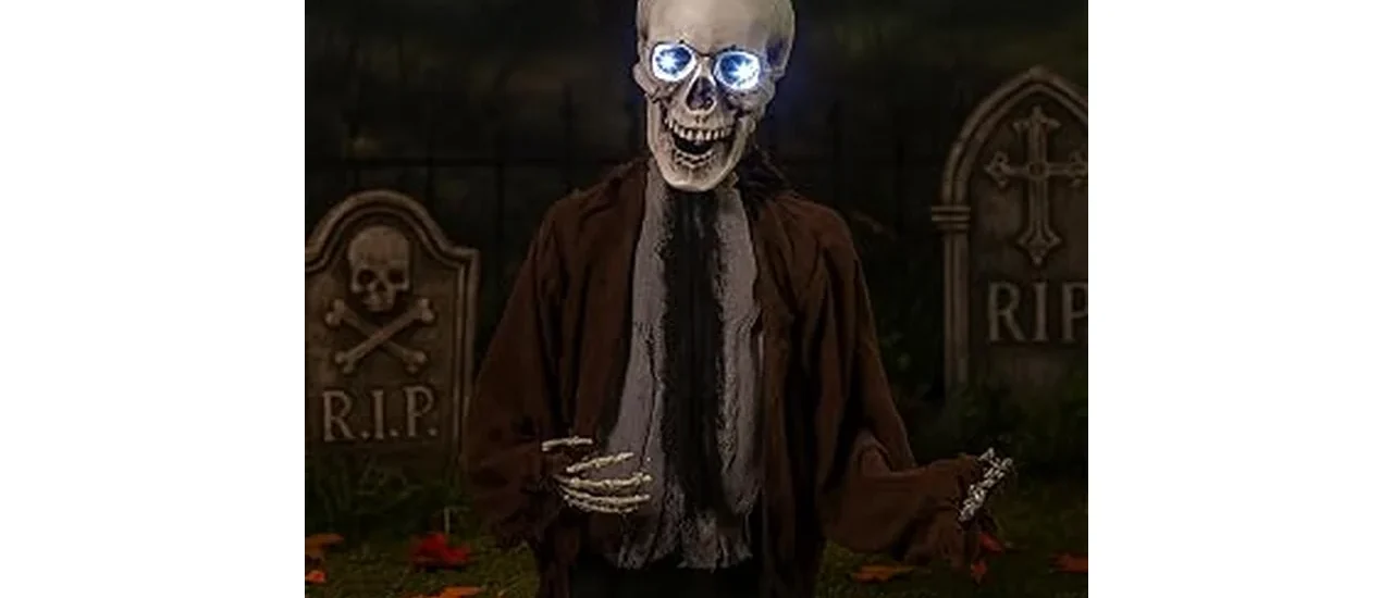 The image shows a spooky animated skeleton prop in a yard, perfect for the Best 9 Animated Halloween Props.
