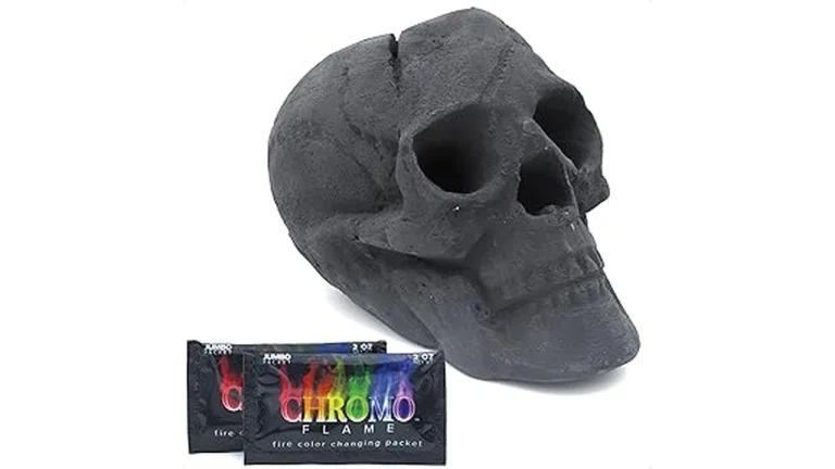 The image shows a close-up of realistic ceramic skull logs arranged in an outdoor fire pit.