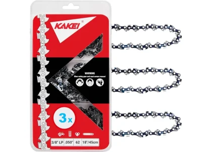 KAKEI 18 Inch Chainsaw Chain 3/8" LP Pitch .050" Gauge 62 Drive Links Fits Poulan, Kobalt, Echo, Ego, Greenworks and More- S62 (3 Chains) - Semi Chisel