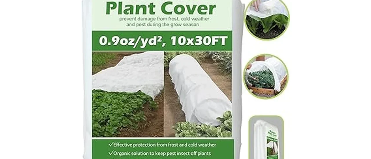 The image shows a garden bed with several frost blankets protecting young plants from the cold.
