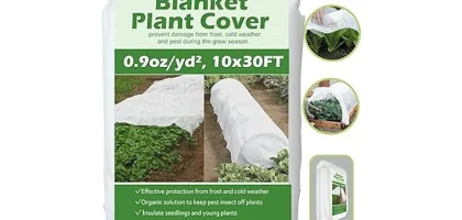 The image shows a garden bed with several frost blankets protecting young plants from the cold.