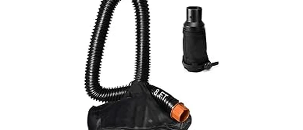 The image shows a lawn mower with a large collection bag attached, designed for efficient leaf removal.