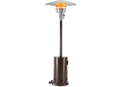 The image shows a stylish patio heater providing warmth on a cozy outdoor deck in winter.