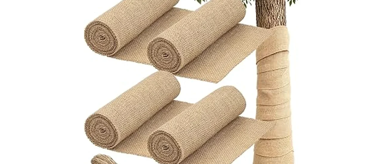 The image shows a collection of burlap plant wraps bundled together, ready to protect plants.
