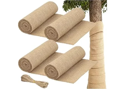 The image shows a collection of burlap plant wraps bundled together, ready to protect plants.