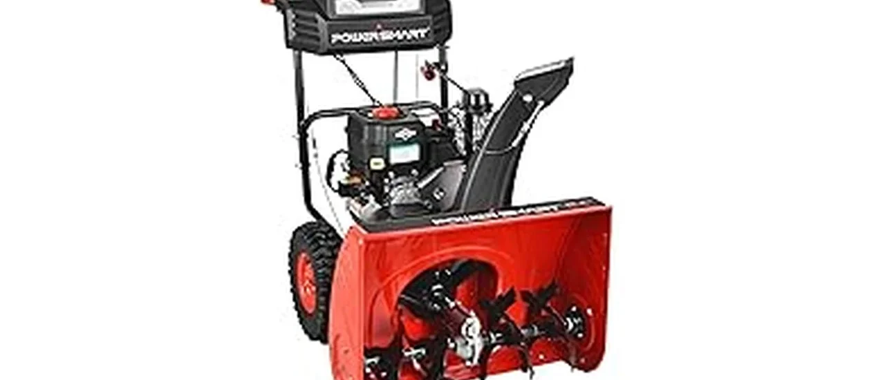 The image shows a powerful gas snow blower clearing a snowy driveway, representing a top seller.