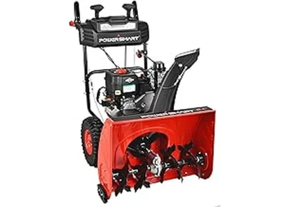 The image shows a powerful gas snow blower clearing a snowy driveway, representing a top seller.
