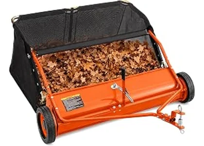 The image shows a person using a best-selling lawn sweeper on a large, manicured yard.